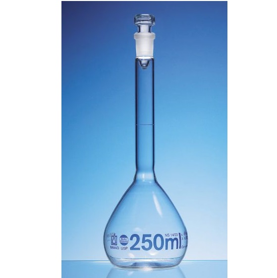 brand容量瓶, BLAUBRAND®, A级, DE-M, 带玻璃塞, USP-Chargenzertifikat